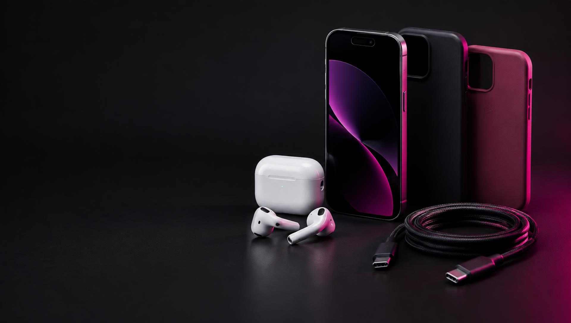 Smartphone, capas, fones sem fio e cabo sobre fundo escuro